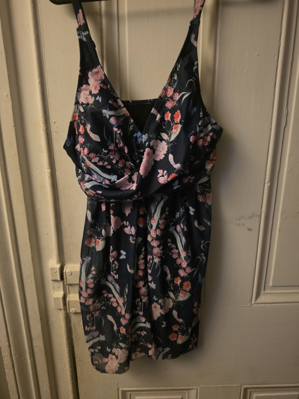 Floral V-Neck Navy Swimsuit with Pink Accents